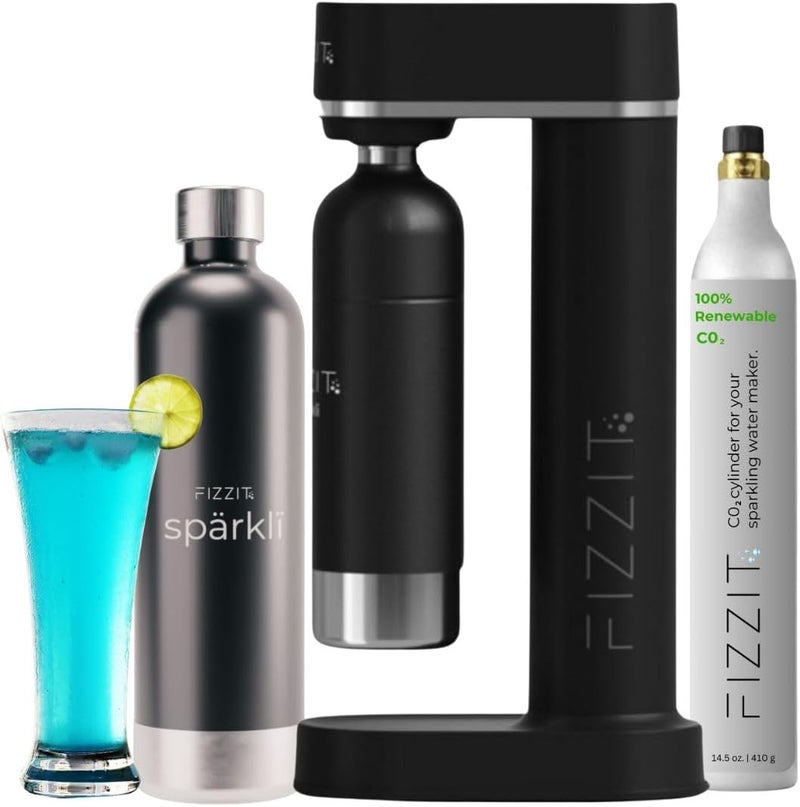 Fizz It Black Stainless Steel Sparkling Water Maker Soda Machine Includes 1L Stainless Steel Black Bottle and 1 C02 Cylinder - Image 1